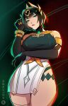 1girl antler_ornament arm_under_breasts black_gloves breasts claw_ring closed_mouth elbow_gloves eye_tattoo fake_claws finger_claws genshin_impact gloves green_eyes green_hair headpiece highres holy_meh large_breasts mark_under_eye mole mole_under_eye nefer_(genshin_impact) patreon_logo patreon_username short_hair solo tattoo usekh_collar 