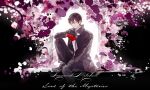  1boy absurdres black_background black_dress black_hair black_shoes dress flower gloves green_eyes highres leonard_mitchell lord_of_the_mysteries purple_flower red_gloves shaoyun771 shoes short_hair sitting solo too_many_flowers 