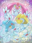  3others azelf closed_mouth dated floating mesprit multiple_others open_mouth outstretched_arms pokemon pokemon_(creature) purple_background runachikku sparkle spread_arms uxie yellow_eyes 