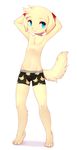  anthro arm_wear black_nose blue_eyes boxers_(clothing) canine clothed clothing crunchobar cub dog fur hands_behind_head male mammal nintendo pikachu pok&eacute;mon simple_background solo standing tan_fur teenager topless underwear video_games young 