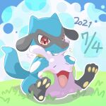  1other chewing closed_eyes dated furry goomy grass highres pawpads pokemon pokemon_(creature) red_eyes riolu runachikku sitting solo twitter_username 