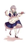  1girl absurdres apron back_bow black_shoes blue_dress blue_eyes bow braid cake cake_slice commentary cup dress english_commentary food frilled_dress frills full_body green_bow green_ribbon grey_hair grin hair_bow high_heels highres holding holding_jug holding_tray izayoi_sakuya looking_at_viewer maid maid_apron maid_headdress neat_ad4816 neck_ribbon pantyhose ribbon shoes simple_background smile solo touhou tray twin_braids white_apron white_background white_bow white_pantyhose 