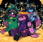 1boy 1girl 1other absurdres armor blue_skin blush closed_eyes closed_mouth colored_skin deltarune english_commentary graysheartart green_hat green_robe hat head_wreath highres kris_(dark_world)_(deltarune) kris_(deltarune) looking_at_another looking_at_viewer looking_to_the_side on_floor open_mouth pink_scarf ralsei ralsei_(hat) robe scarf sitting smile susie_(dark_world)_(deltarune) susie_(deltarune) sweatdrop utdr_(toby_fox) 