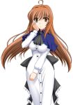  1girl 2000s_(style) ahoge ascot blue_capelet bow breasts brown_eyes brown_hair capelet dress game_asset hand_on_own_cheek hand_on_own_face impossible_clothes impossible_dress large_variant_set long_hair mahou_senshi_(series) mahou_senshi_symphonic_knights medium_breasts non-web_source official_art parted_lips saitou_natsuki self-datamine simple_background solo tachi-e taut_clothes transparent_background variant_set white_dress yurise_ririna 