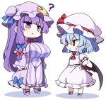  2girls ? absurdres ascot back_bow bat_wings blue_bow blue_hair blush boots bow bowtie breast_size_difference breasts chibi closed_mouth coat commentary crescent crescent_hat_ornament deformed dress frilled_dress frills full_body hair_bow hat hat_ornament hat_ribbon highres korra_down large_breasts long_hair long_sleeves looking_at_another looking_at_breasts mob_cap multiple_girls open_clothes open_coat open_mouth patchouli_knowledge pink_boots pink_coat pink_dress pink_hat pink_shirt pink_skirt puffy_short_sleeves puffy_sleeves purple_eyes purple_hair red_ascot red_bow red_bowtie red_eyes red_ribbon red_wrist_cuffs remilia_scarlet ribbon shirt short_hair short_sleeves simple_background skirt skirt_set striped_clothes striped_dress touhou vertical-striped_clothes vertical-striped_dress very_long_hair white_background wings wrist_cuffs 