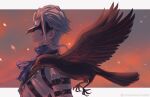  1boy ascot bird blue_ascot closed_mouth coat crow dottore_(genshin_impact) evening eye_mask from_side genshin_impact grey_hair highres light_smile looking_ahead male_focus mask outdoors short_hair solo twitter_username umeumeumestar upper_body white_coat 