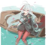  1girl antenna_hair boat breasts cleavage falling_petals feet_out_of_frame from_above genderswap genderswap_(mtf) genshin_impact grey_hair hair_between_eyes highres japanese_clothes kaedehara_kazuha long_hair looking_at_viewer medium_breasts multicolored_hair on_boat pantyhose parted_lips petals red_eyes red_hair red_pantyhose sitting soaking_feet solo streaked_hair trkz_tmwk very_long_hair water watercraft 