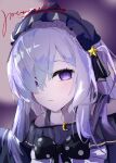  1girl artist_name bare_shoulders black_ribbon blue_dress blue_hairband blurry blurry_background bow commentary_request crescent crescent_necklace dress dress_bow frilled_dress frilled_hairband frills gothic_lolita hair_over_one_eye hair_ribbon hairband highres jewelry lolita_fashion lolita_hairband long_hair looking_at_viewer mahou_shoujo_no_majo_saiban momoseka2004 natsume_an-an necklace off-shoulder_dress off_shoulder polka_dot polka_dot_bow portrait purple_eyes ribbon signature solo white_hair 