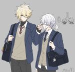  ... 2boys alternate_costume bag black_bag black_pants black_sweater blonde_hair blue_jacket breast_pocket brown_sweater_vest buttons cake_cat_(honkai:_star_rail) character_charm charm_(object) closed_mouth collared_shirt cowboy_shot dual_persona eyepatch grey_background h4chis4n hair_between_eyes hand_up hands_up highres holding holding_bag honkai:_star_rail honkai_(series) jacket lapels long_sleeves looking_at_another male_focus medical_eyepatch multiple_boys necktie open_clothes open_jacket pants phainon_(flame_reaver)_(honkai:_star_rail) phainon_(honkai:_star_rail) phainon_(khaslana)_(honkai:_star_rail) pocket red_necktie scar selfcest shirt short_hair shoulder_bag simple_background smile speech_bubble spoken_ellipsis standing sweater sweater_vest turtleneck turtleneck_sweater white_hair white_shirt yaoi yellow_eyes zipper 