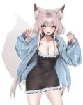  1girl :d animal_ear_fluff animal_ears black_dress blush breasts choker claw_pose cleavage covered_navel cowboy_shot dress fangs fingernails fox_ears fox_girl fox_tail green_eyes grey_hair highres jacket large_breasts large_tail long_hair looking_at_viewer open_clothes open_jacket original short_dress simple_background smile solo strapless strapless_dress tail very_long_hair white_background white_choker yuumellow 
