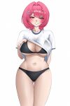  1girl absurdres black_bra black_panties bra breasts clothes_lift commentary english_commentary hair_intakes highres large_breasts lifting_own_clothes looking_at_viewer medium_hair mikanpasss1212 navel panties pink_hair purple_eyes remielle_dan shirt shirt_lift simple_background smile solo stomach thighs underwear white_background white_shirt zenless_zone_zero 