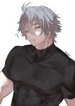  1boy ? black_shirt blue_eyes collared_shirt commentary covered_abs covered_collarbone covered_pectorals double-parted_bangs grey_hair hair_between_eyes highres honkai:_star_rail honkai_(series) looking_to_the_side male_focus mucithy muscular muscular_male parted_lips pectorals phainon_(honkai:_star_rail) shirt short_hair short_sleeves sideways_glance simple_background sketch solo upper_body white_background 
