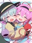  +++ 2girls absurdres black_hairband blue_shirt blush buttons cheek-to-cheek closed_eyes collared_shirt commentary diamond_button disembodied_linked_eye eyeball green_hair green_hat green_skirt hair_ornament hairband happy hat heads_together heart heart_button heart_hair_ornament highres hug komeiji_koishi komeiji_satori long_sleeves multiple_girls open_mouth pink_eyes pink_hair pink_skirt shirt siblings signature sisters skirt smile soesoe300 touhou wide_sleeves yellow_shirt 