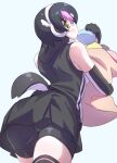  1girl back bare_shoulders black_hair blue_background blush commentary_request eating elbow_gloves food gloves headphones highres hood hoodie humboldt_penguin_(kemono_friends) japari_bun kemono_friends kemono_friends_v_project looking_at_viewer looking_back lowlandgorilla penguin_girl penguin_tail short_hair shorts simple_background skirt sleeveless solo tail thighhighs virtual_youtuber yellow_eyes 