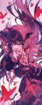  1girl armband black_hair black_horns black_shirt black_skirt bug butterfly collared_shirt commentary_request crown dated extra_eyes extra_horns flower hair_flower hair_ornament highres horns kasuga_izure layered_skirt long_hair long_skirt long_sleeves mahou_shoujo_no_majo_saiban mini_crown necktie nikaido_hiro open_mouth overskirt plaid_clothes plaid_necktie plaid_skirt pleated_skirt red_armband red_butterfly red_eyes red_flower red_necktie red_skirt shirt signature skirt smile snake_hair solo spoilers upper_body watermark white_background white_shirt witch_(manosaba) 