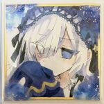  1girl bare_shoulders black_ribbon blue_dress blue_hairband bow dress dress_bow frilled_dress frilled_hairband frilled_sleeves frills gold_border gothic_lolita hair_over_one_eye hair_ribbon hairband jewelry lolita_fashion lolita_hairband long_hair long_sleeves mahou_shoujo_no_majo_saiban natsume_an-an necklace noa_rei off-shoulder_dress off_shoulder portrait purple_eyes ribbon see-through_hair shikishi sleeves_past_fingers sleeves_past_wrists solo traditional_media white_hair wide_sleeves 