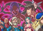  3boys 3girls argus_(haja_no_fuuin) armor aura bald beard bikini bikini_armor blue_armor blue_eyes breastplate breasts brown_hair claws cleavage clenched_teeth completely_nude demon_girl demon_wings facial_hair fairy fairy_wings fangs fins flying glowing glowing_eyes green_eyes green_hair guy_(haja_no_fuuin) haja_no_fuuin head_fins holding holding_sword holding_weapon ica_the_fairy long_hair matsudo_aya medi_(haja_no_fuuin) medium_breasts multiple_boys multiple_girls mustache nude oekaki pauldrons pink_eyes pink_hair purple_hair red_bikini scales second-party_source short_hair shoulder_armor swimsuit sword teeth terrarin_(haja_no_fuuin) treo_(haja_no_fuurin) weapon white_hair wings 