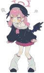  1girl absurdres angry ascot beret black_shirt black_shoes blue_archive blush buttons collarbone commentary_request feathered_wings halo hat highres knees_together_feet_apart koharu_(blue_archive) leg_warmers long_sleeves looking_to_the_side pink_ascot pink_hair pink_halo pink_skirt pout purple_eyes sailor_collar shirt shoes skirt solo spaghetti_strap tokage_(pr) twintails white_background wings 