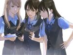  3girls arimura_hajime arm_at_side black_hair brown_eyes brown_hair buttons camcorder camera closed_mouth collared_shirt commentary_request cowboy_shot finder-goshi_no_ano_ko hand_on_own_hip holding holding_camera ichinose_kei_(finder-goshi_no_ano_ko) kabocha_(kabocha0726) long_hair multiple_girls open_collar open_mouth school_uniform shirt short_sleeves simple_background vest video_camera wakamiya_honami white_background wing_collar 