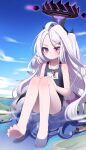  1girl absurdres ahoge barefoot black_halo black_horns blue_archive blue_one-piece_swimsuit blue_sky chinese_commentary closed_mouth cloud commentary_request day demon_girl demon_horns demon_wings flat_chest giant giantess hair_ornament hairclip halo highres hina_(blue_archive) hina_(swimsuit)_(blue_archive) horns long_hair low_wings name_tag official_alternate_costume old_school_swimsuit one-piece_swimsuit outdoors parted_bangs purple_eyes purple_wings school_swimsuit ship sitting sky solo swimsuit very_long_hair water watercraft whistle whistle_around_neck white_hair wings xiamu_chiyu 