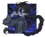 1boy bifuteki_(bi_futeki) black_eyes black_hair blue_background blue_theme braid braided_ponytail changpao chinese_clothes hand_up highres long_hair looking_at_viewer looking_back male_focus original solo upper_body very_long_hair 