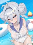  1girl :d ;d absurdres alternate_breast_size_(larger) argar_demo arms_behind_back azur_lane ball bare_shoulders beach beachball blue_eyes blue_sailor_collar blush breasts cleavage commentary_request covered_navel day double_bun from_above grin groin hair_between_eyes hair_bun hair_ornament hairclip half-closed_eye heart heart_o-ring highres innertube jade_(a_lick_of_summer)_(azur_lane) jade_(azur_lane) looking_at_viewer looking_up medium_breasts mole mole_under_eye neckerchief o-ring o-ring_thigh_strap ocean one_eye_closed outdoors sailor_collar sideboob sitting skin_tight skindentation smile solo swim_ring thigh_gap thigh_strap thighs wet white_hair white_neckerchief 
