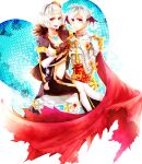  1boy 1girl armor black_gloves black_pants blunt_bangs bob_cut breastplate cape coat commentary cropped_shirt demon_wings feet_out_of_frame front_slit gloves grey_coat head_wings heart heart_hands heart_hands_duo huahafafa looking_at_viewer navel open_clothes open_coat open_mouth pants pauldrons purple_eyes purple_wings ragnarok_online red_cape red_tabard rune_knight_(ragnarok_online) shirt short_hair shoulder_armor smile spiked_pauldrons spikes suspenders tabard thighhighs torn_cape torn_clothes warlock_(ragnarok_online) white_background white_hair white_shirt white_thighhighs wings 