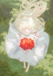  1girl absurdres angel angel_wings barefoot blonde_hair blue_eyes collared_dress dappled_sunlight day dress falling_petals feathered_wings flipped_sidelocks floating_hair flower forest frills from_above full_body grass halo highres holding holding_flower light_particles long_hair looking_at_viewer mini_wings nature nekory original outdoors petals scenery signature solo sunlight traditional_halo tree tree_shade white_dress white_wings wings 