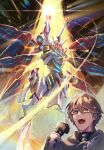  1boy absurdres arm_up astral_express_(honkai:_star_rail) black_gloves brown_hair clenched_hand commentary_request glasses gloves glowing hair_between_eyes hand_up highres honkai:_star_rail honkai_(series) isome mecha mecha_focus open_mouth robot short_hair sparkle starblazer_(honkai:_star_rail) teeth welt_yang yellow_eyes 