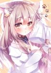  1girl ahoge animal_ear_fluff animal_ears black_shirt blunt_bangs blush braid braided_base brown_eyes brown_hair cat_ears cat_girl commentary_request eyes_visible_through_hair glint hair_between_eyes hair_ornament hands_up highres jacket jewelry_hearts_academia light_particles long_hair looking_at_viewer mare_ashley-pecker necktie open_clothes open_jacket orange_background osaka_nanoka parted_lips paw_print pom_pom_(clothes) pom_pom_hair_ornament purple_necktie shirt sidelocks simple_background single_braid sleeves_past_fingers sleeves_past_wrists solo thick_eyebrows upper_body white_jacket 