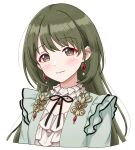  1girl black_ribbon blush brown_eyes closed_mouth commentary_request earrings frills green_hair idolmaster idolmaster_shiny_colors jewelry long_hair nanakusa_nichika neck_ribbon ribbon shinouzip simple_background smile solo split_mouth white_background 