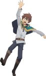  1boy arm_up belt belt_buckle black_pants boots brown_belt brown_boots brown_hair buckle cape clenched_hand full_body green_cape green_eyes grey_shirt knee_boots kono_subarashii_sekai_ni_shukufuku_wo! kono_subarashii_sekai_ni_shukufuku_wo!_kono_yokubukai_game_ni_shinpan_o! long_sleeves looking_at_viewer official_art open_mouth outstretched_arm pants satou_kazuma shirt short_hair solo standing standing_on_one_leg surprised sweatdrop transparent_background tunic v-shaped_eyebrows white_tunic 