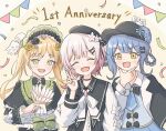  3girls :d beret bird_hat_ornament black_bow black_bowtie black_capelet black_choker black_coat black_flower black_hat black_rose blonde_hair blue_hair blue_necktie blue_skirt bonnet bow bow_flower bowtie braid braided_hair_rings capelet center_frills choker closed_eyes coat collared_coat collared_shirt commentary_request confetti deerstalker dress feather_fan flower flower-trimmed_sleeves frilled_capelet frilled_dress frilled_sleeves frills gradient_hair green_bonnet green_eyes grey_vest hair_bow hair_flower hair_ornament hair_rings hand_fan hand_on_own_chin happy_anniversary hat hat_bow hat_flower hat_ribbon highres holding holding_fan lolita_fashion long_hair long_sleeves mahou_shoujo_no_majo_saiban multicolored_hair multiple_girls nato1212s neck_ribbon necktie open_mouth pink_hair ribbon rose sakuraba_ema shirt short_hair skirt sleeveless sleeveless_coat smile tachibana_sherry tono_hanna twintails upper_body very_long_hair vest white_flower white_hair white_ribbon white_rose white_shirt white_sleeves wide_sleeves winged_hat x_hair_ornament yellow_eyes yellow_flower yellow_rose 