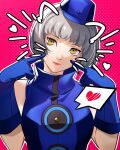  1girl absurdres bare_shoulders blue_dress blue_gloves blue_hat closed_mouth commentary drawn_ears drawn_whiskers dress elizabeth_(persona) english_commentary fingers_to_cheeks gloves hat heart highres light_smile looking_at_viewer persona persona_3 pink_background short_hair solo upper_body wanderstillart white_hair yellow_eyes 