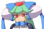  1girl forehead_jewel godichi green_hair helmet mega_man_(series) mega_man_zx model_w_(mega_man) pandora_(mega_man) parted_lips portrait red_eyes simple_background solo spanish_text subtitled sweat translation_request upper_body white_background white_helmet worried 