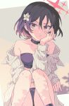  1girl bandeau bare_shoulders bikini black_bandeau black_bikini black_choker black_hair blue_archive breasts choker closed_mouth collarbone commentary_request feet_out_of_frame flower grey_shirt hair_flower hair_ornament halo head_on_hand highres looking_at_viewer looking_to_the_side medium_breasts misaki_(blue_archive) misaki_(swimsuit)_(blue_archive) noshima red_eyes red_halo shirt short_hair simple_background sitting solo straight-on striped_clothes striped_shirt swimsuit 