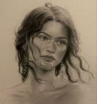  1girl closed_mouth commentary earrings floating_hair greyscale highres jewelry looking_to_the_side monochrome portrait real_life realistic simple_background solo tafart traditional_media zendaya 