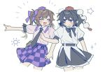  2girls black_bow black_bowtie black_hair black_necktie black_skirt blush bow bowtie brown_hair checkered_clothes checkered_skirt closed_eyes closed_mouth collared_shirt commentary_request cowboy_shot facing_another fang frilled_shirt_collar frills hat himekaidou_hatate locked_arms long_hair looking_at_another missing_wings multiple_girls necktie open_mouth pointy_ears pom_pom_(clothes) puffy_short_sleeves puffy_sleeves purple_hat purple_skirt red_eyes red_hat sakic43899 shameimaru_aya shirt short_sleeves simple_background skirt smile sweatdrop tokin_hat touhou twintails two-tone_skirt white_background yuri 
