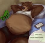  bear belly big_belly dialogue english_text eyes_closed hands_behind_head male mammal post_vore stomach_noises text vodcat vore 