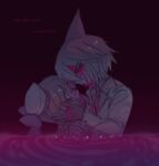  1boy 1girl black_background blood blood_from_forehead blood_on_nose bow braid colored_blood commentary deliriumcenter english_text fins fish_tail funamusea gloves hat hat_bow highres looking_at_another muted_colors necktie oounabara_to_wadanohara partially_submerged pink_blood pink_water pointy_ears sailor_hat shark_boy smile suit syakesan_(funamusea) tail wadanohara 