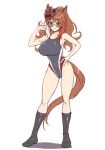  1girl animal_ears black_boots black_one-piece_swimsuit boots breasts brown_hair commentary_request ears_through_headwear fedora forever_young_(umamusume) full_body green_eyes hand_on_own_hip hat highleg highleg_one-piece_swimsuit highres horse_ears horse_girl horse_tail large_breasts long_hair multicolored_hair multicolored_swimsuit one-piece_swimsuit pataneet purple-tinted_eyewear red-tinted_eyewear red_streaks simple_background smile solo standing streaked_hair sunglasses swimsuit tail tinted_eyewear umamusume white_background 