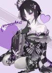  1girl absurdres artist_name bare_shoulders black_gloves black_hair black_hat black_kimono bow breasts butterfly_hair_ornament butterfly_hat_ornament checkered_sleeves cleavage collarbone commentary_request dress floral_print floral_print_kimono flower furisode gloves hair_ornament hat hat_flower hat_ornament heart highres housho_margo japanese_clothes kimono lolita_fashion long_sleeves looking_at_viewer mahou_shoujo_no_majo_saiban medium_breasts mini_hat mini_top_hat momoseka2004 neck_ribbon off-shoulder_dress off_shoulder print_kimono purple_eyes ribbon short_hair signature sitting smile solo top_hat wa_lolita wide_sleeves 