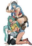  2026_fifa_world_cup 3girls absurdres all_fours aqua_eyes aqua_hair aqua_necktie bare_legs belt biceps black_skirt black_sleeves black_thighhighs blue_eyes blue_hair blue_nails boots braid brazil brazilian_flag brazilian_miku breasts brown_boots commentary cropped_shirt denim denim_shorts detached_sleeves english_commentary exposed_pocket eyewear_on_head fake_horns feet flexing flip-flops flower full_body fur_skirt fur_trim green_nails grey_shirt hair_flower hair_ornament hand_on_another's_shoulder hatsune_miku hatsune_miku_world_cup_custody_battle_(meme) helmet highres horned_helmet horns human_stacking jewelry legs long_hair looking_at_viewer meme micro_shorts multicolored_nails multiple_girls muscular muscular_female nail_polish navel necklace necktie norway norwegian_flag_print norwegian_miku number_tattoo red_flower red_shirt sandals shiren_(ourboy83) shirt short_shorts shorts shorts_tan shoulder_tattoo simple_background skirt sleeveless sleeveless_shirt smile squatting_on_person stomach tan tanlines tattoo thighhighs toenail_polish toenails toes twin_braids twintails very_long_hair viking vocaloid white_background world_cup yellow_nails yellow_shirt 