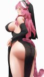  1girl absurdres animal_ears ass bare_shoulders black_coif black_dress black_sleeves blush breasts commentary covered_nipples detached_sleeves dress ears_through_headwear fingernails from_behind hair_intakes highres hololive hololive_english large_breasts long_hair long_sleeves multicolored_hair nose open_mouth ozasdf panther_ears panther_girl panther_tail pink_hair pink_tail raora_panthera side_slit simple_background solo streaked_hair tail thighs two-tone_hair virtual_youtuber white_background white_hair yellow_eyes 