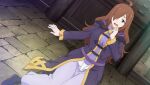  1girl ahoge boots breasts brown_eyes brown_hair clenched_hand dress dutch_angle embarrassed foot_out_of_frame gambeson game_asset hair_over_one_eye hand_rest hand_up high_collar highres hood hood_down hooded_robe indoors kono_subarashii_sekai_ni_shukufuku_wo! kono_subarashii_sekai_ni_shukufuku_wo!_kono_yokubukai_game_ni_shinpan_o! large_breasts long_hair long_sleeves looking_at_viewer official_art open_mouth purple_boots purple_dress purple_robe robe sitting solo stone_floor variant_set_available wavy_hair wiz_(konosuba) 