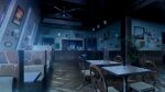  ceiling_fan chair dark game_asset hanging_light indoors karakara_(game) katou_taira night no_humans official_art painting_(object) plant potted_plant restaurant self-datamine table trash_can wall_lamp wallpaper_(object) window wooden_ceiling 