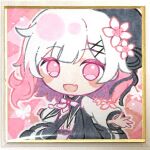  1girl :d belt beret black_coat black_hat bug butterfly center_frills chibi coat collared_coat fang flower flower-trimmed_sleeves frills gold_border gradient_hair hair_flower hair_ornament hat hat_flower hat_ribbon long_sleeves looking_at_viewer mahou_shoujo_no_majo_saiban multicolored_hair neck_ribbon noa_rei open_mouth pink_background pink_eyes pink_hair ribbon sakuraba_ema shikishi shirt short_hair skin_fang sleeveless sleeveless_coat smile solo traditional_media upper_body white_flower white_hair white_ribbon white_shirt white_sleeves x_hair_ornament 