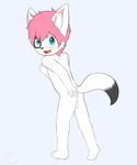  anthro anus backsack balls black_fur blue_eyes blush butt canine child cub cute_fangs fox fur looking_back male mammal open_mouth simple_background solo spread_butt spreading white_fur winterfox young 