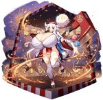  1girl aianchor animal_ears axe blonde_hair blue_eyes blue_kimono breasts chocolate-covered_food chocolate_banana cleavage cotton_candy cow_ears cow_girl cow_horns fireworks food fundoshi gigantic_breasts gradient_hair highres holding holding_cotton_candy holding_food hooves horns japanese_clothes kimono long_hair monster_musume_td multicolored_hair multicolored_kimono official_alternate_costume official_art red_fundoshi red_kimono red_rope rope sarashi silva_(monmusu_td) solo standing standing_on_one_leg summer_festival thighs very_long_hair water_yoyo white_hair white_kimono yukata 