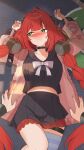  1boy 1girl \||/ absurdres ahoge arms_up averting_eyes black_choker black_sailor_collar black_serafuku black_shirt blunt_bangs blush braid braided_twintails cardigan chest_bow choker closed_mouth commentary_request cowboy_shot embarrassed eyelashes eyes_visible_through_hair frilled_skirt frills from_above green_eyes hair_ornament hair_spread_out hetero highres indoors kirisame_oreo long_hair looking_to_the_side lying midriff miniskirt navel nose_blush on_back on_floor open_cardigan open_clothes paid_reward_available pink_cardigan pleated_skirt pov pov_hands red_hair sailor_collar sailor_shirt school_uniform serafuku shirt sidelighting sidelocks single_thighhigh skirt solo_focus sphere_hair_ornament split_mouth striped_clothes striped_thighhighs thigh_strap thighhighs tsurime ukinami_yuzuha very_long_hair window_shadow zenless_zone_zero zettai_ryouiki 